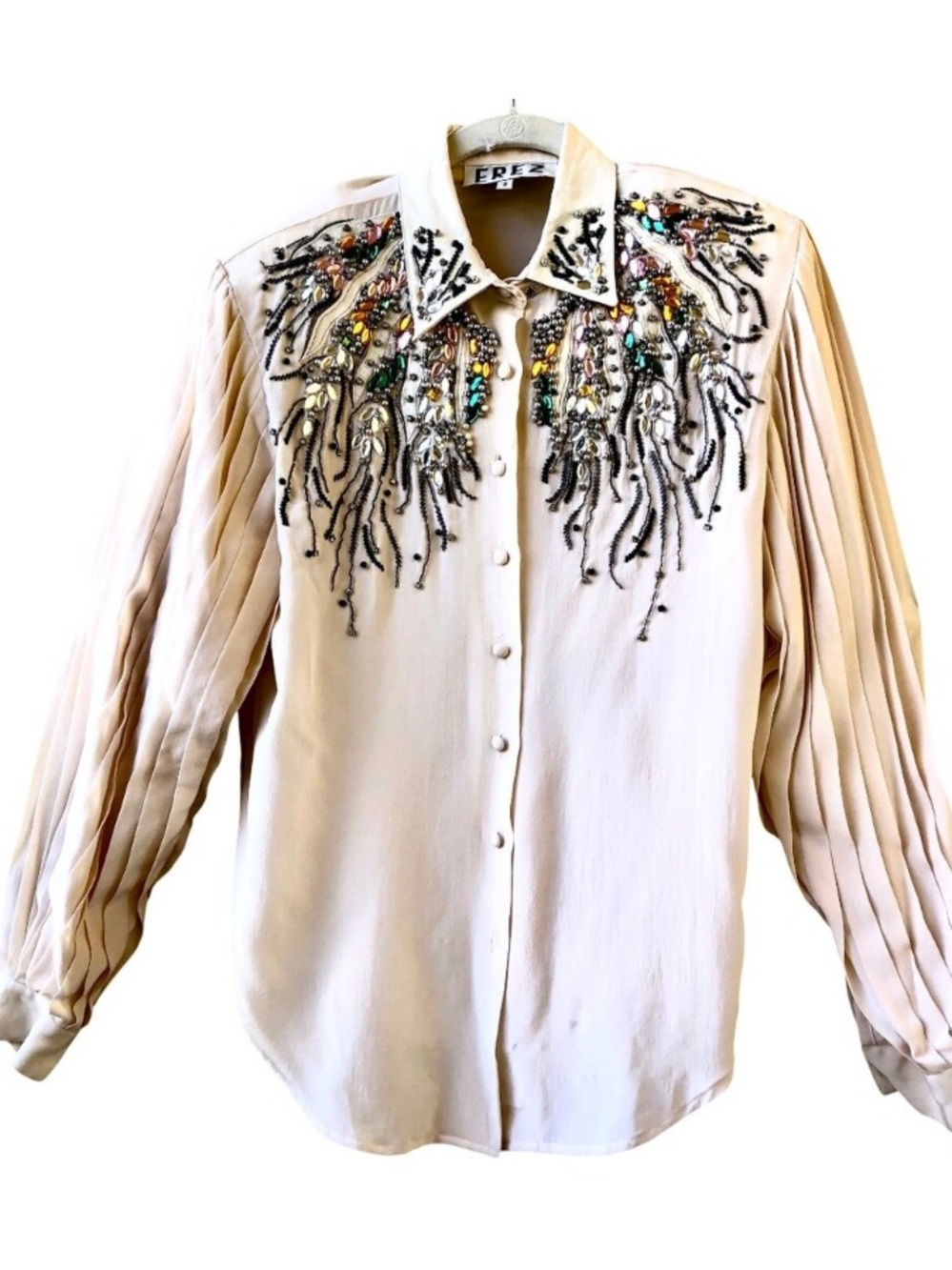 EREZ Hand Bead Embellished Cream Button-Down Blouse